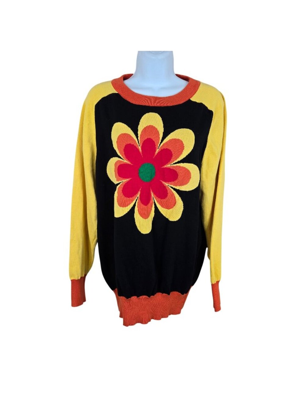 Retro 70s Oxknit Floral Sweater XXL Black Yellow Flower Power